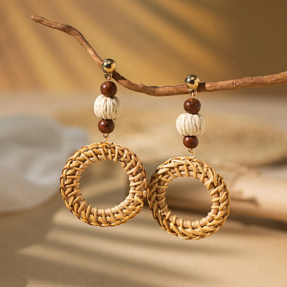 1 Pair Vacation Bohemian Round Square Water Droplets Braid Hollow Out Straw Rattan Drop Earrings