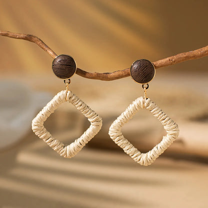 1 Pair Vacation Bohemian Round Square Water Droplets Braid Hollow Out Straw Rattan Drop Earrings