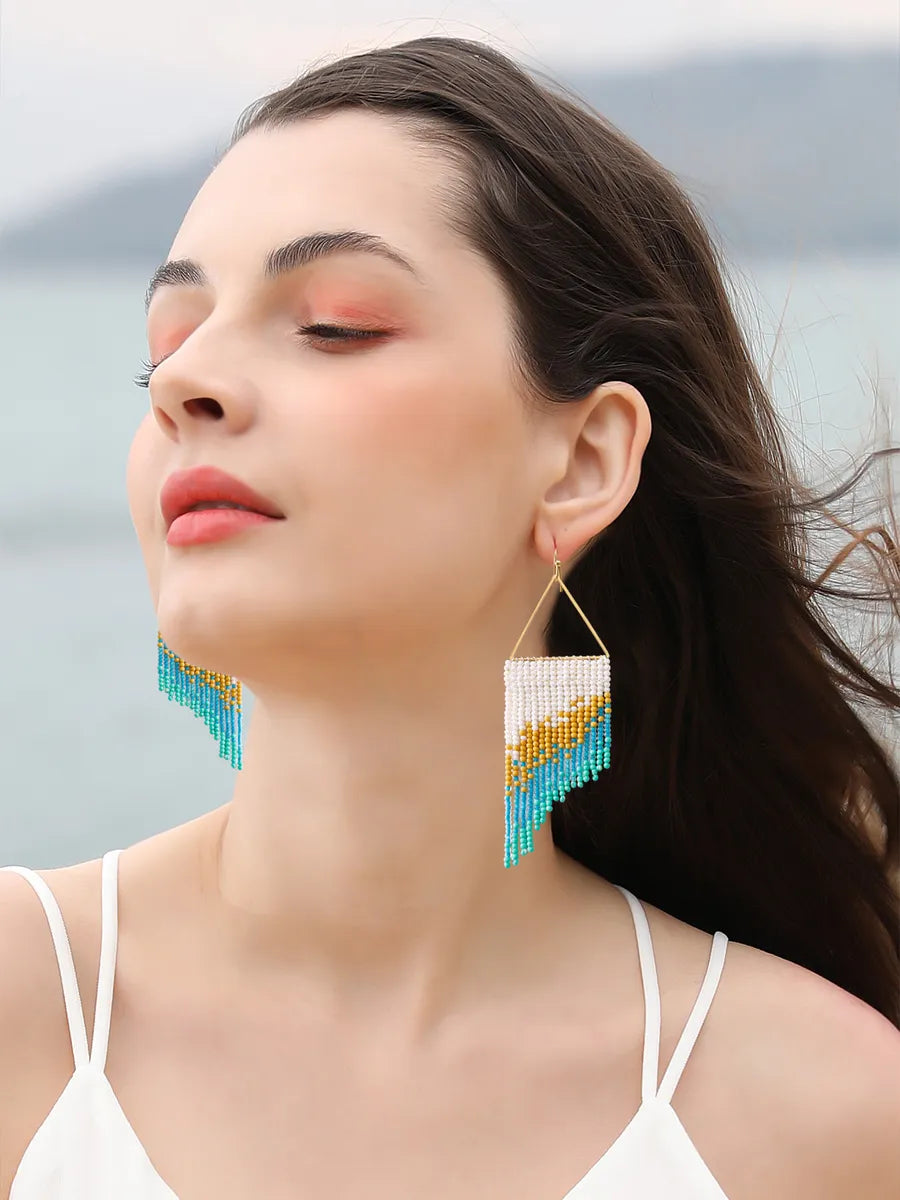 1 Pair Vacation Bohemian Tassel Beaded Seed Bead Drop Earrings