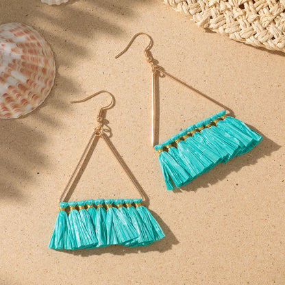 1 Pair Vacation Bohemian Triangle Round Water Droplets Tassel Straw Drop Earrings