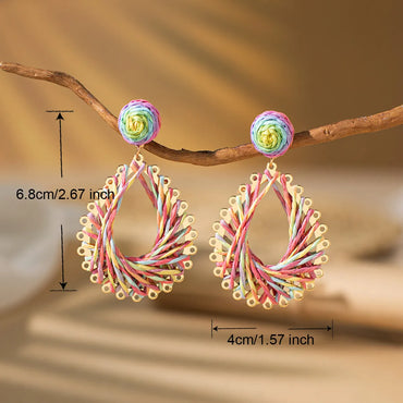 1 Pair Vacation Bohemian Water Droplets Braid Hollow Out Rattan Metal Drop Earrings