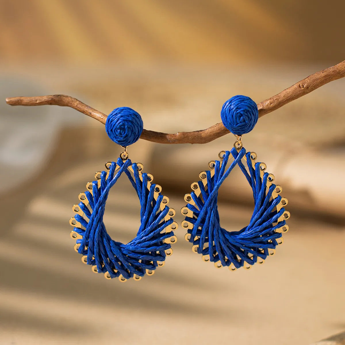 1 Pair Vacation Bohemian Water Droplets Braid Hollow Out Rattan Metal Drop Earrings