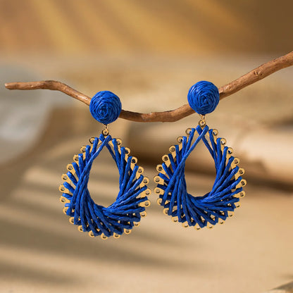 1 Pair Vacation Bohemian Water Droplets Braid Hollow Out Rattan Metal Drop Earrings