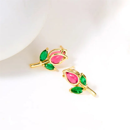 1 Pair Vacation Classic Style Flower Inlay Copper Glass Ear Studs