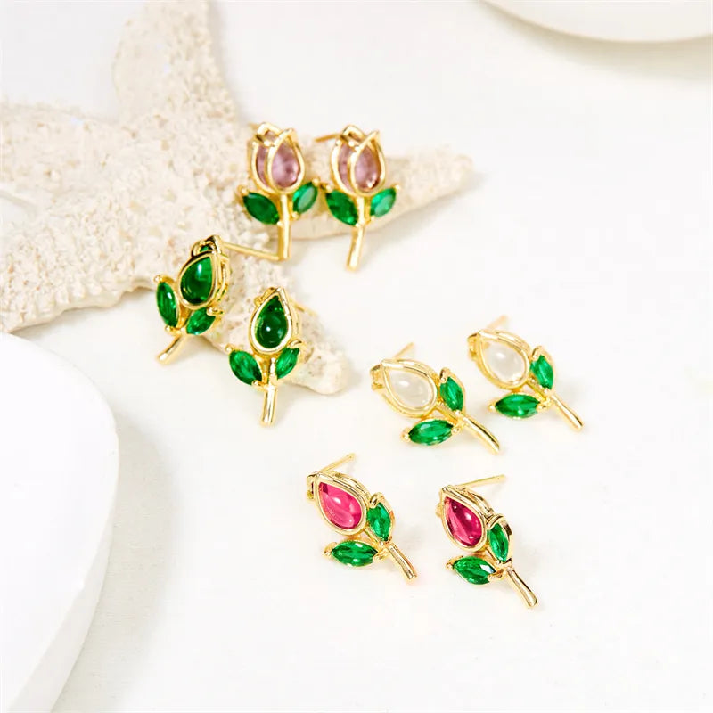 1 Pair Vacation Classic Style Flower Inlay Copper Glass Ear Studs