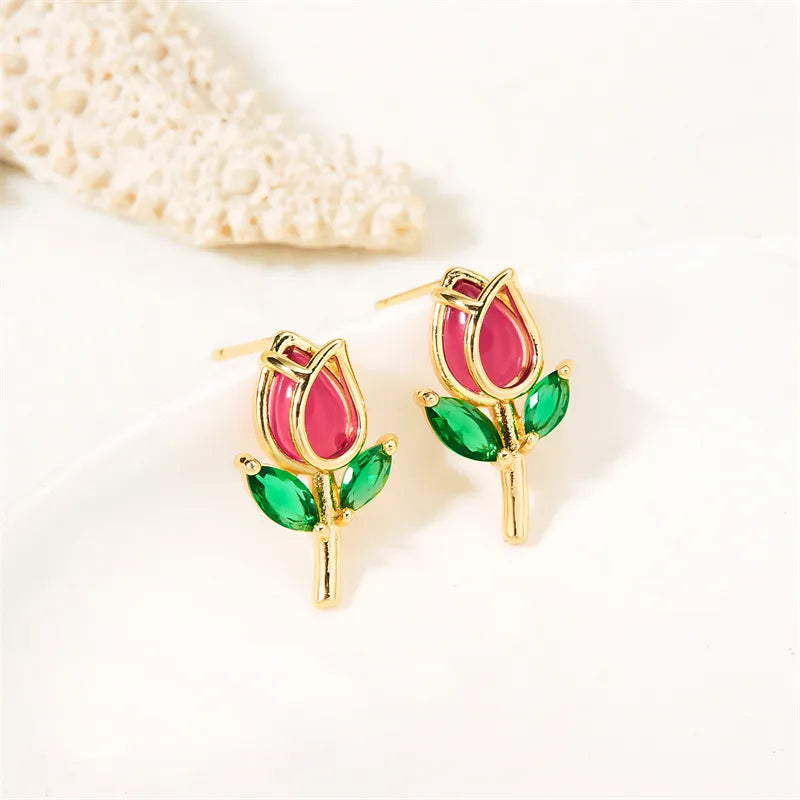 1 Pair Vacation Classic Style Flower Inlay Copper Glass Ear Studs