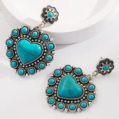 1 Pair Vacation Classic Style Round Heart Shape Inlay Alloy Turquoise Glass Silver Plated Drop Earrings