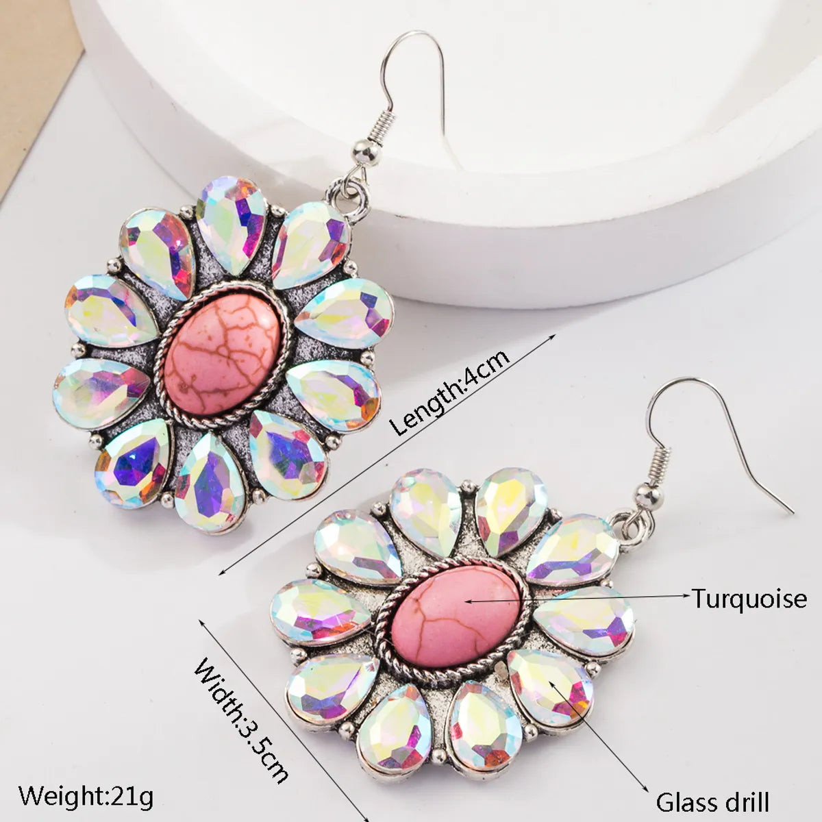 1 Pair Vacation Classic Style Round Heart Shape Inlay Alloy Turquoise Glass Silver Plated Drop Earrings