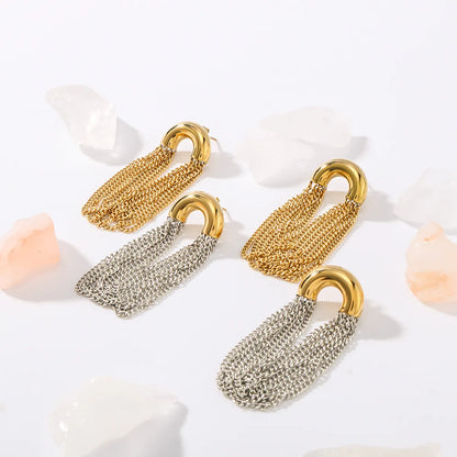 1 Pair Vacation Classic Style Semicircle Tassel Lines Polishing Plating 304 Stainless Steel 18K Gold Plated Drop Earrings