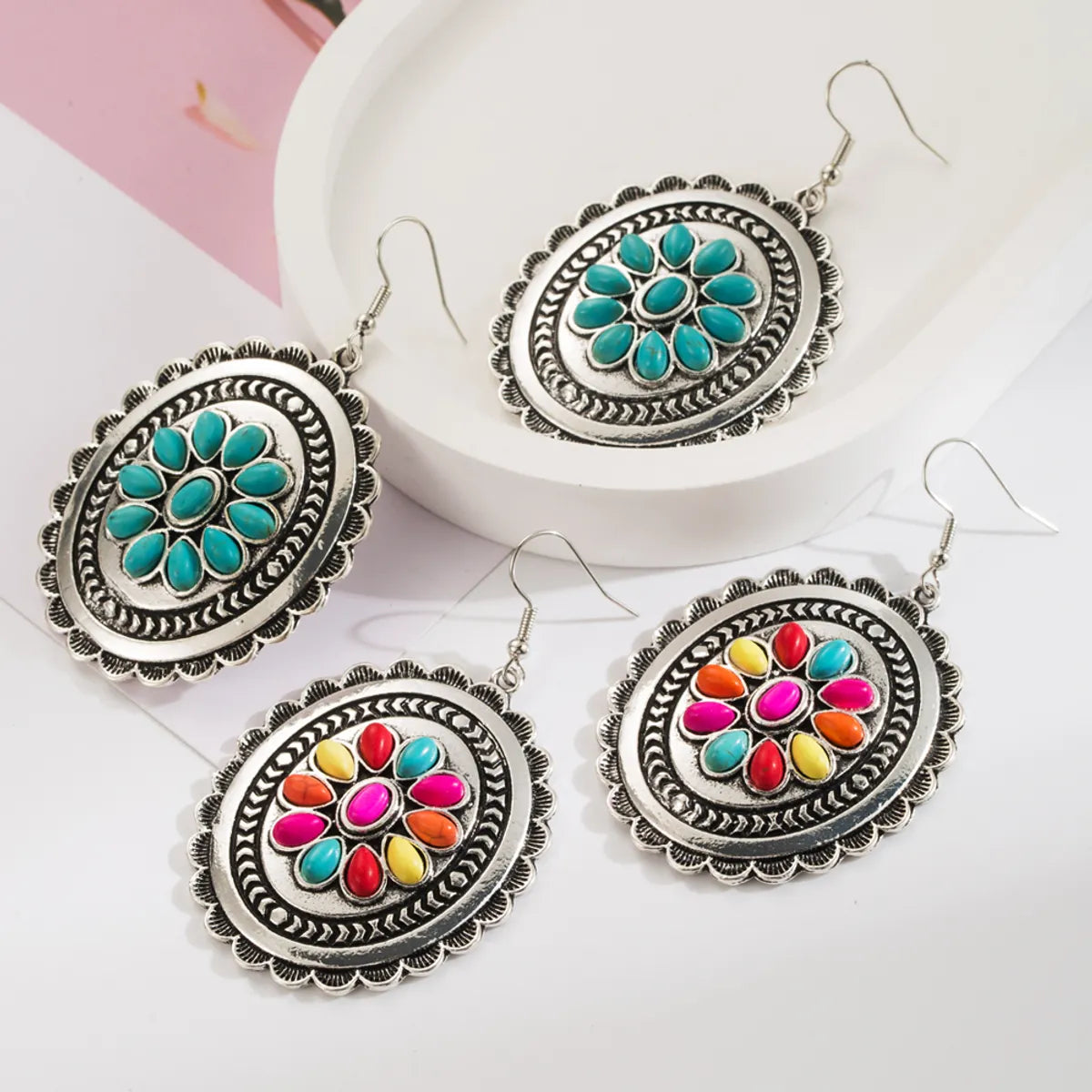 1 Pair Vacation Ethnic Style Oval Inlay Alloy Turquoise Turquoise 14K Gold Plated Drop Earrings