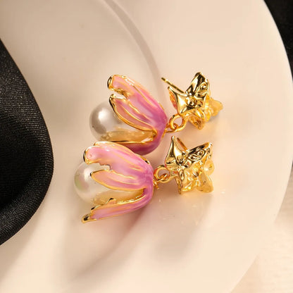 1 Pair Vacation Flower Arylic Copper Rhinestones 18K Gold Plated Drop Earrings