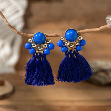 1 Pair Vacation Flower Beaded Tassel Synthetic Fibre Glass Dangling Earrings