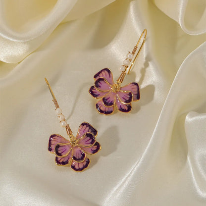 1 Pair Vacation Flower Enamel Inlay Copper Freshwater Pearl 18K Gold Plated Drop Earrings