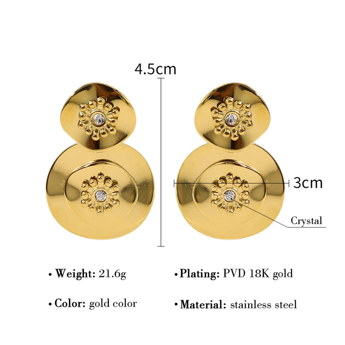 1 Pair Vacation French Style Commute Geometric Plating Inlay Titanium Steel Crystal 18k Gold Plated Drop Earrings