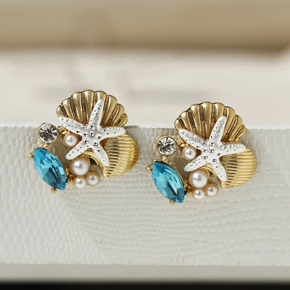 1 Pair Vacation Marine Style Geometric Starfish Plating Inlay Zinc Alloy Artificial Pearls Glass Shell Ear Studs