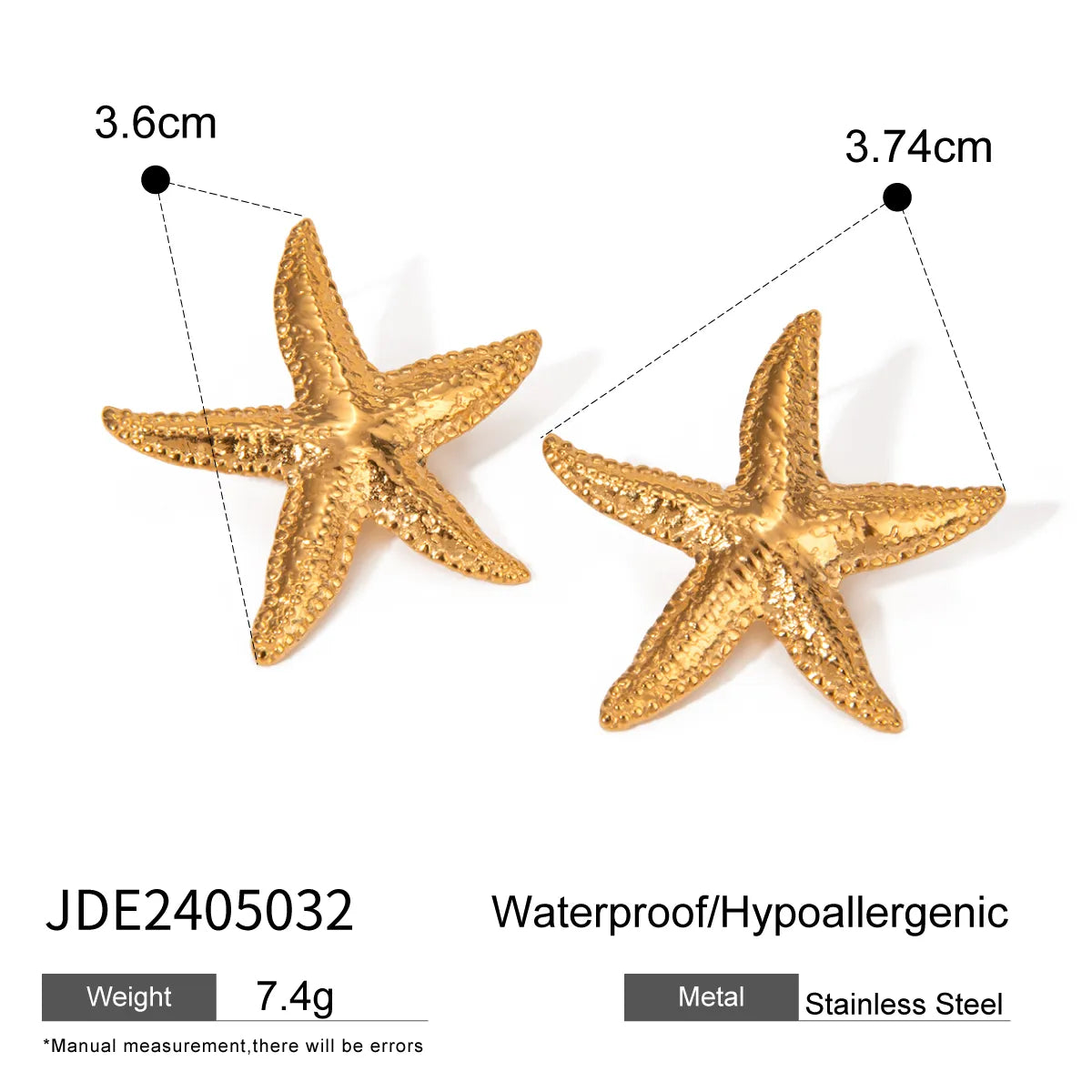 1 Pair Vacation Marine Style Starfish 304 Stainless Steel 18K Gold Plated Ear Studs