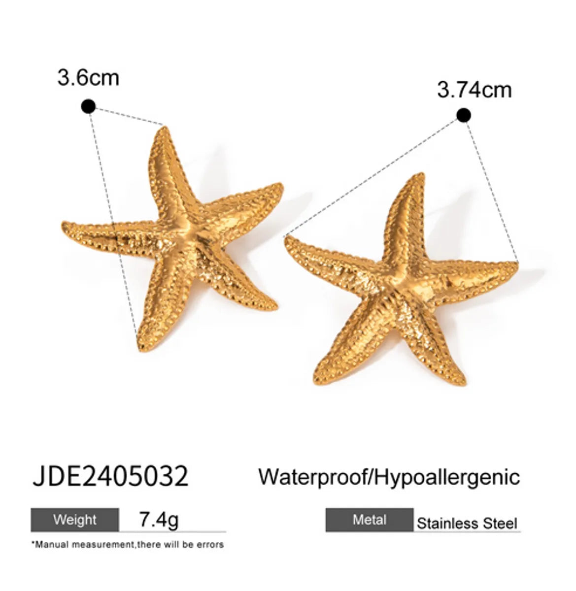 1 Pair Vacation Marine Style Starfish 304 Stainless Steel 18K Gold Plated Ear Studs