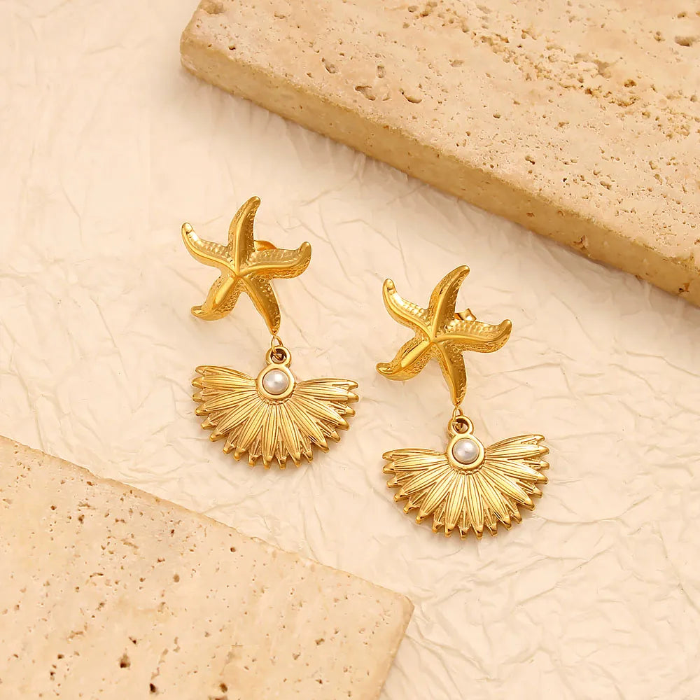 1 Pair Vacation Marine Style Starfish Shell 304 Stainless Steel 316 Stainless Steel  Drop Earrings