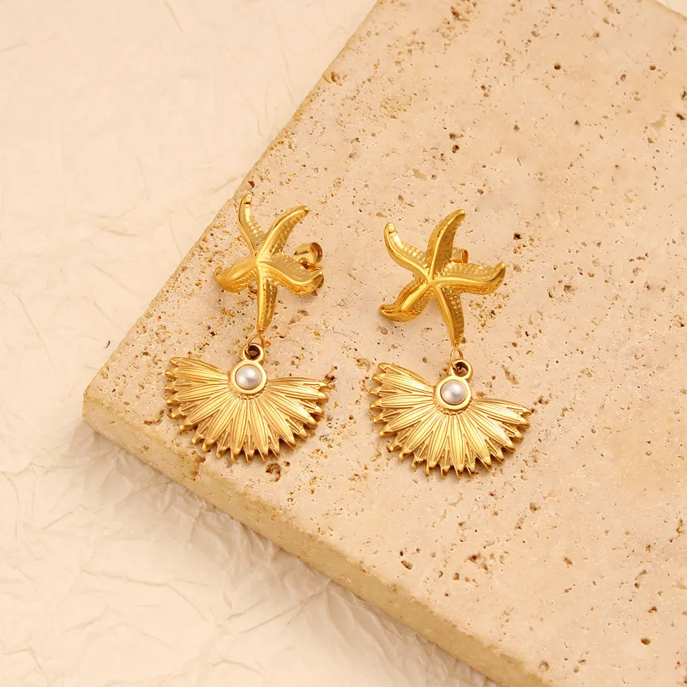 1 Pair Vacation Marine Style Starfish Shell 304 Stainless Steel 316 Stainless Steel  Drop Earrings