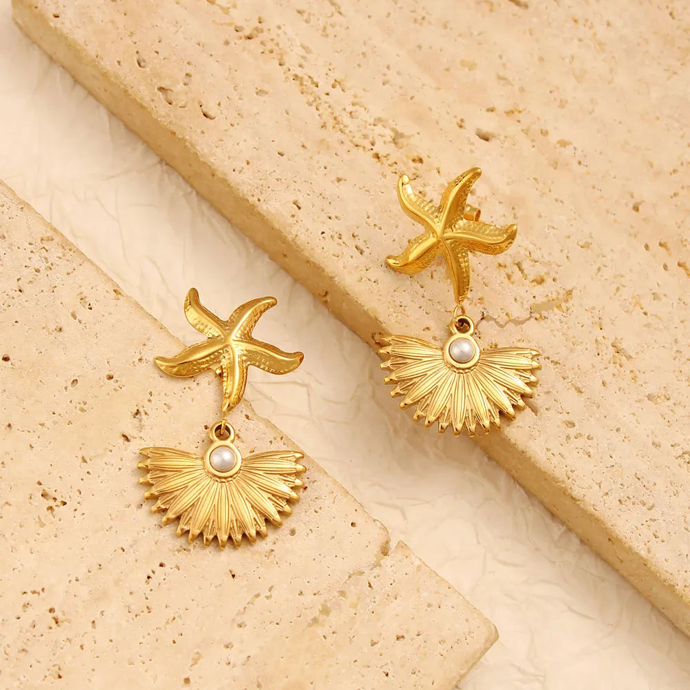 1 Pair Vacation Marine Style Starfish Shell 304 Stainless Steel 316 Stainless Steel  Drop Earrings