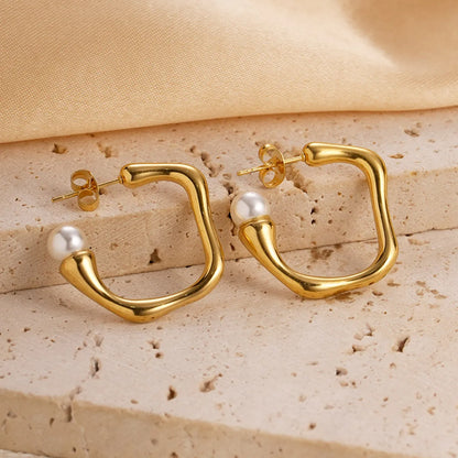 1 Pair Vacation Modern Style C Shape Square Plating Inlay Stainless Steel Artificial Pearls Gold Plated Earrings