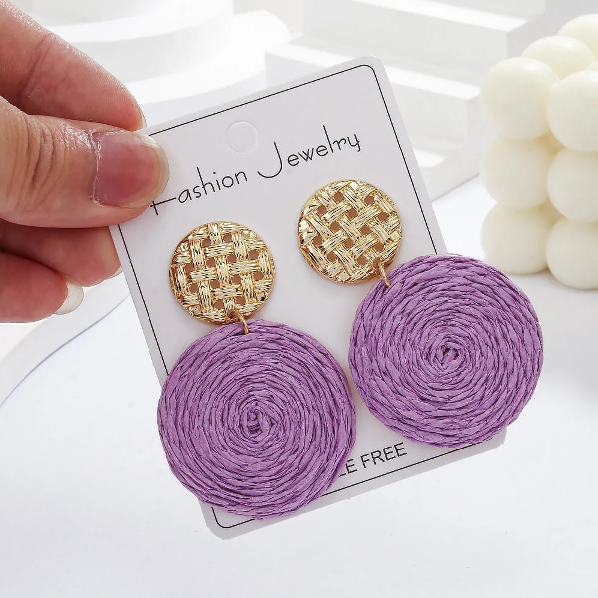 1 Pair Vacation Round Raffia Drop Earrings