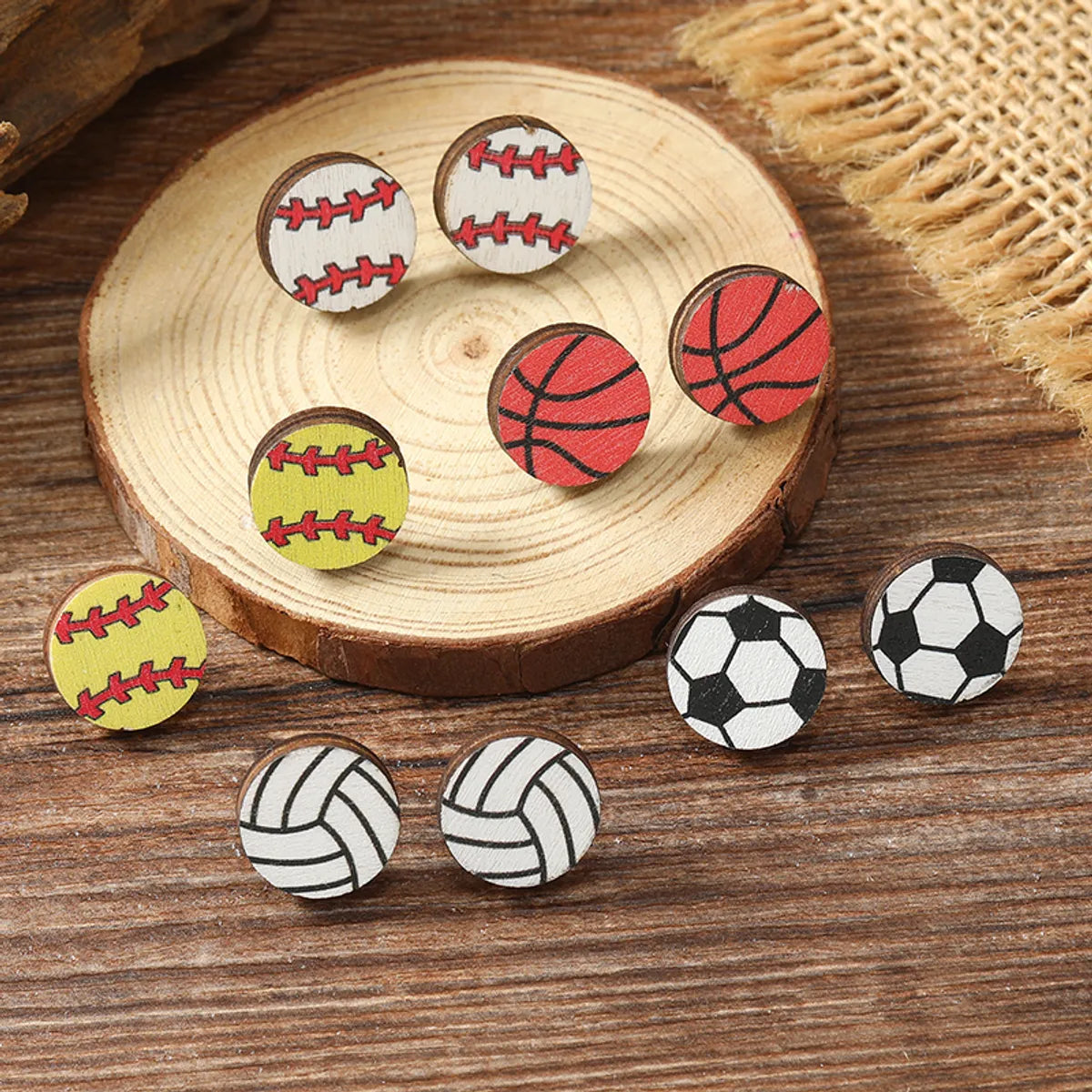 1 Pair Vacation Simple Style Ball Basketball Football Painted Wood Silver Plated Ear Studs