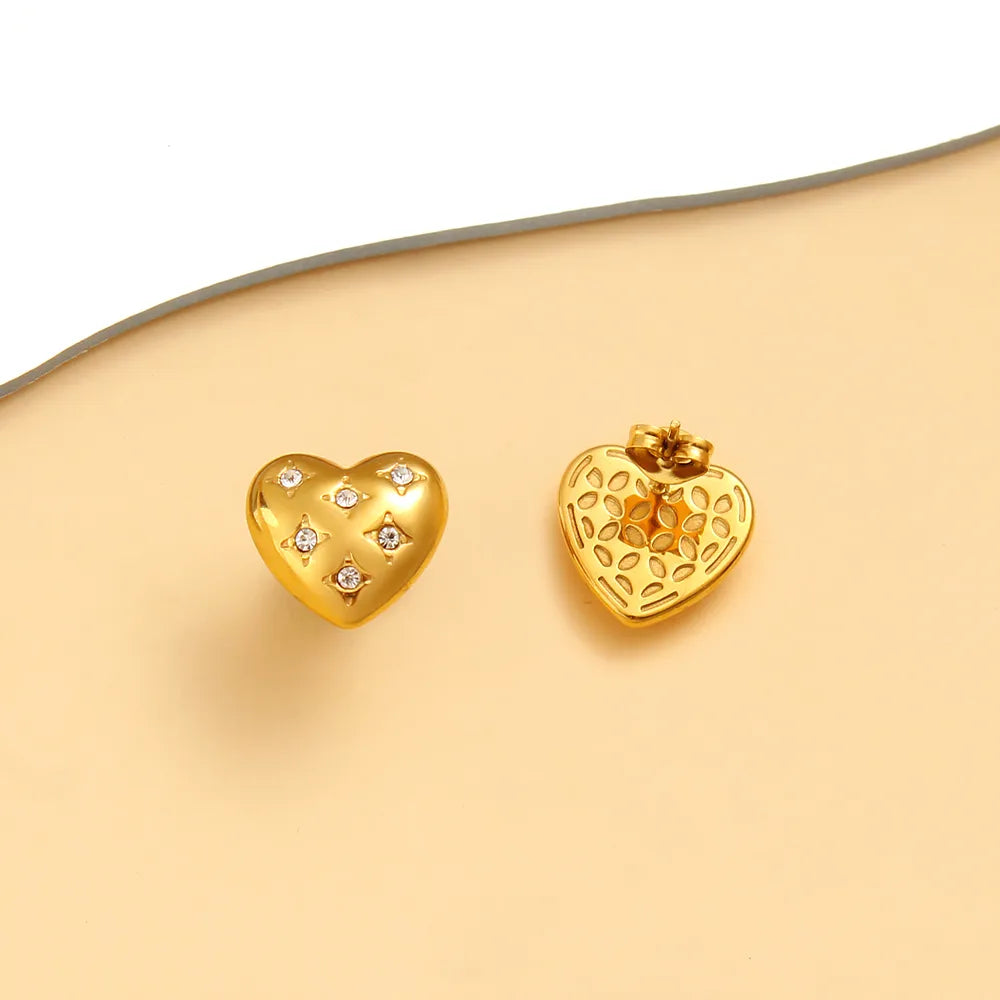 1 Pair Vacation Simple Style Commute Heart Shape Inlay 304 Stainless Steel 316 Stainless Steel  Rhinestones 18K Gold Plated Ear Studs