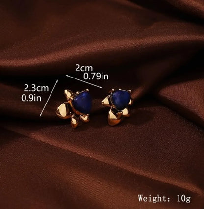 1 Pair Vacation Simple Style Heart Shape Flower Inlay Copper Lapis Lazuli Obsidian 18K Gold Plated Ear Studs