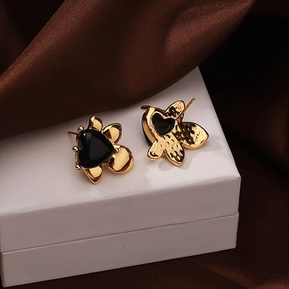 1 Pair Vacation Simple Style Heart Shape Flower Inlay Copper Lapis Lazuli Obsidian 18K Gold Plated Ear Studs