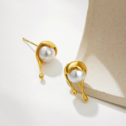 1 Pair Vacation Simple Style Round Water Droplets Inlay Copper Pearl Ear Studs