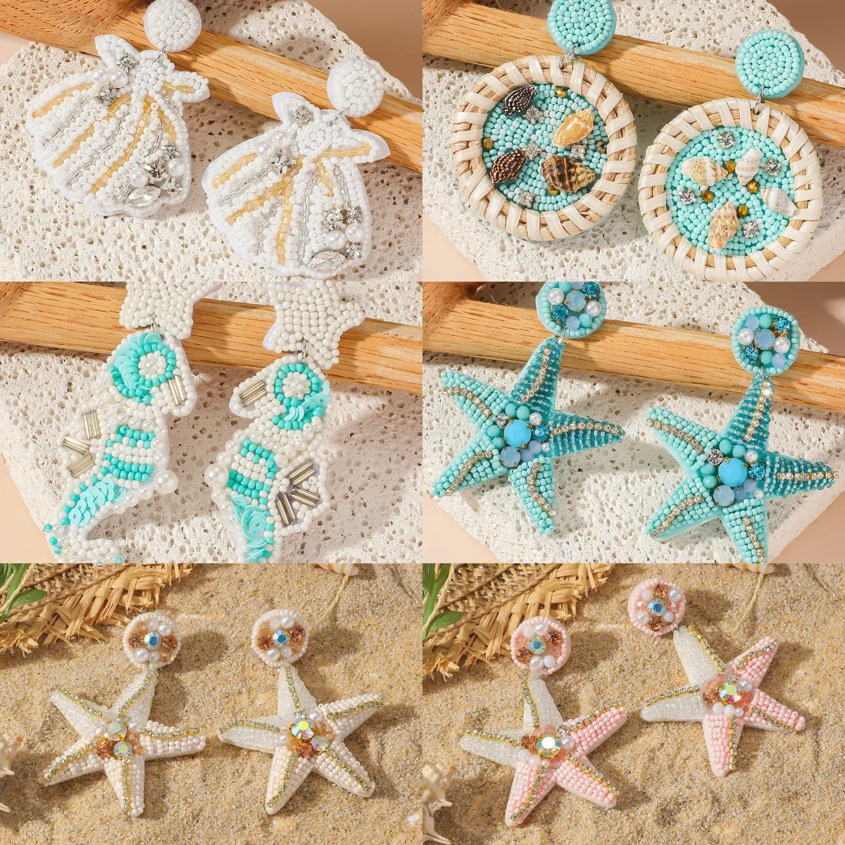 1 Pair Vacation Starfish Hippocampus Beaded Mostacilla Drop Earrings