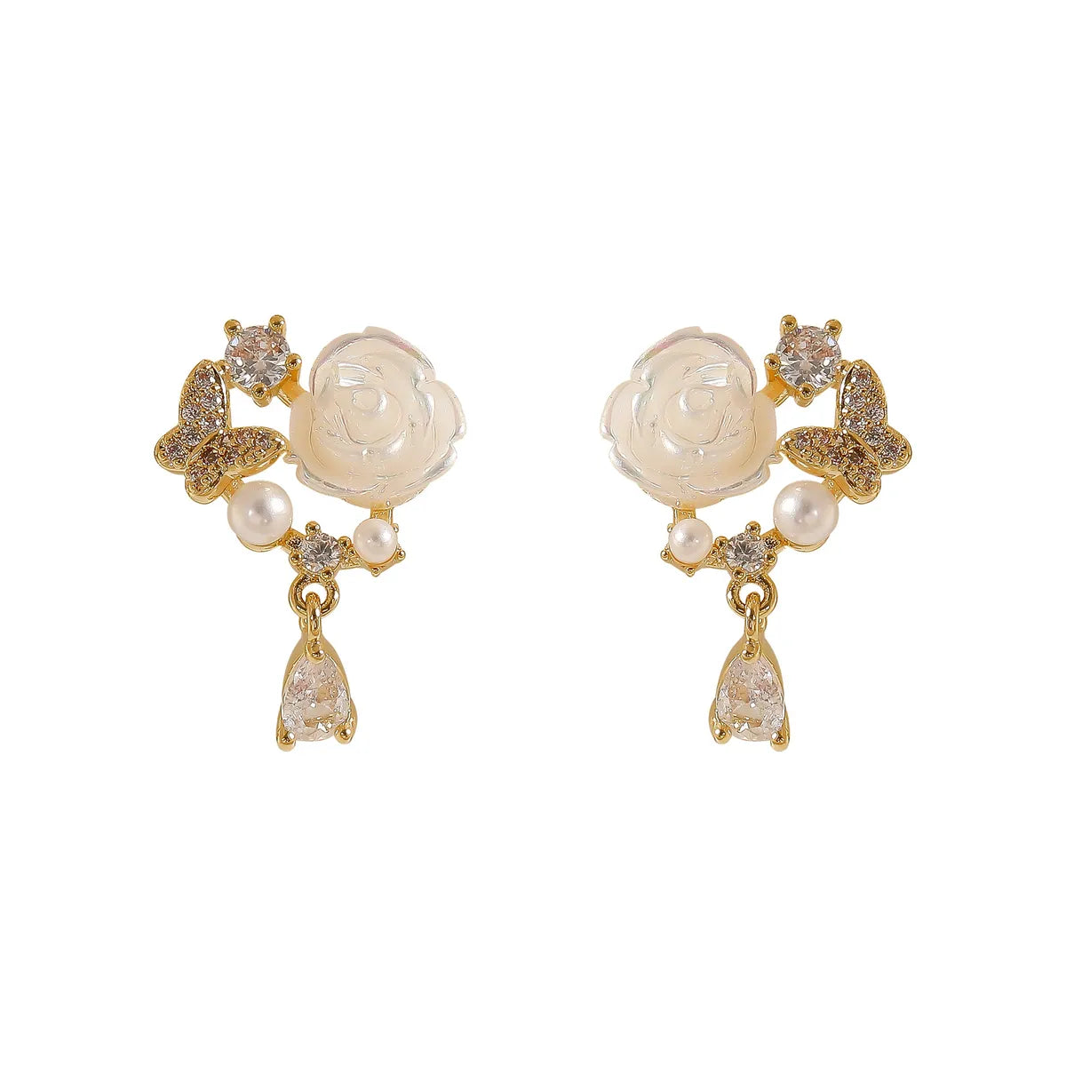 1 Pair Vacation Sweet Flower Butterfly Inlay Copper Pearl Zircon 18K Gold Plated Drop Earrings