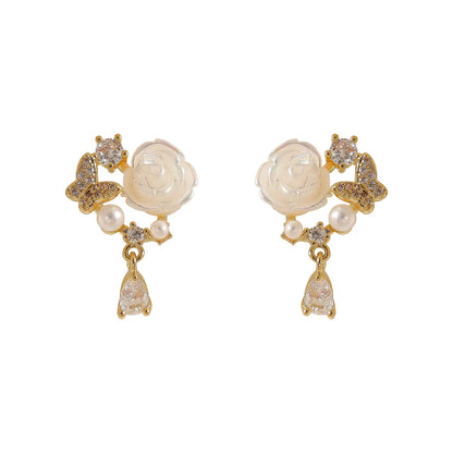 1 Pair Vacation Sweet Flower Butterfly Inlay Copper Pearl Zircon 18K Gold Plated Drop Earrings