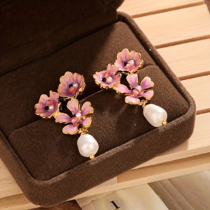 1 Pair Vacation Sweet Flower Enamel Inlay Freshwater Pearl Copper Freshwater Pearl 18K Gold Plated Drop Earrings