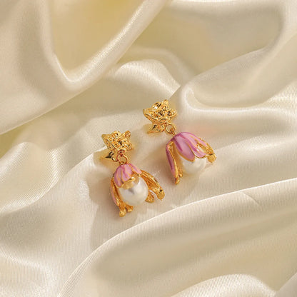 1 Pair Vacation Sweet Flower Enamel Plating Inlay Copper Artificial Pearls 18k Gold Plated Drop Earrings