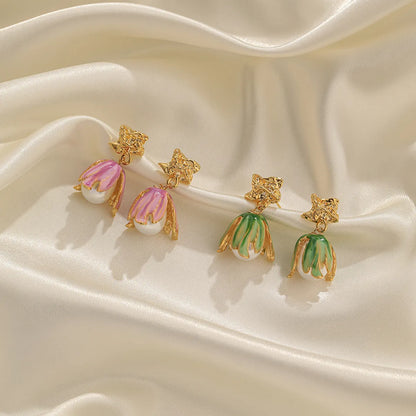 1 Pair Vacation Sweet Flower Enamel Plating Inlay Copper Artificial Pearls 18k Gold Plated Drop Earrings