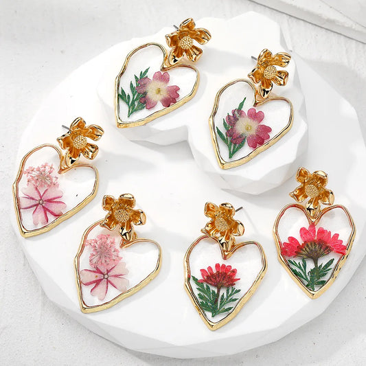 1 Pair Vacation Sweet Heart Shape Flower Resin Drop Earrings