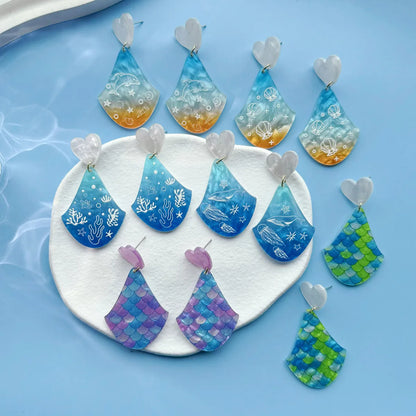 1 Pair Vacation Sweet Mermaid Shell Irregular Printing Polishing Arylic Drop Earrings