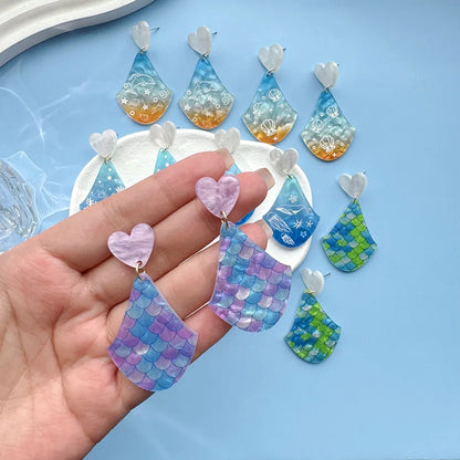 1 Pair Vacation Sweet Mermaid Shell Irregular Printing Polishing Arylic Drop Earrings