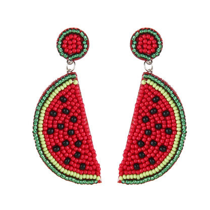 1 Pair Vacation Tropical Fruit Watermelon Beaded Fruit Beaded Nonwoven Glass Drop Earrings