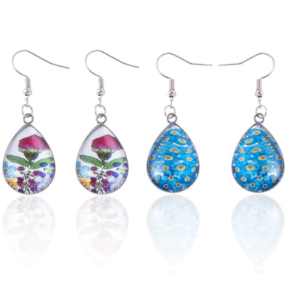 1 Pair Vacation Water Droplets Flower Stainless Steel Inlay Glass Drop Earrings