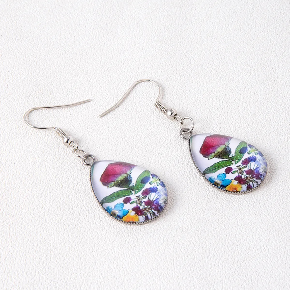 1 Pair Vacation Water Droplets Flower Stainless Steel Inlay Glass Drop Earrings