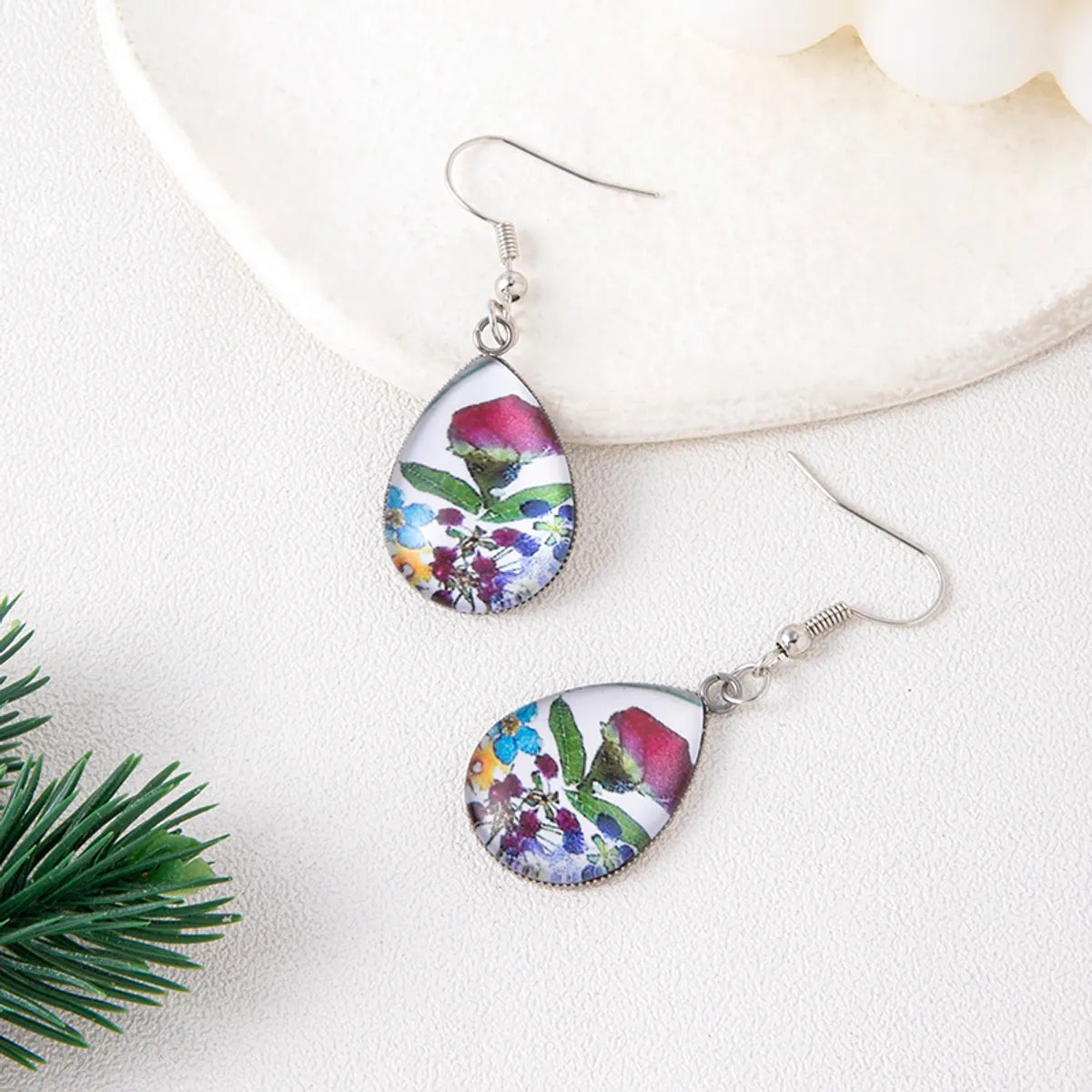 1 Pair Vacation Water Droplets Flower Stainless Steel Inlay Glass Drop Earrings