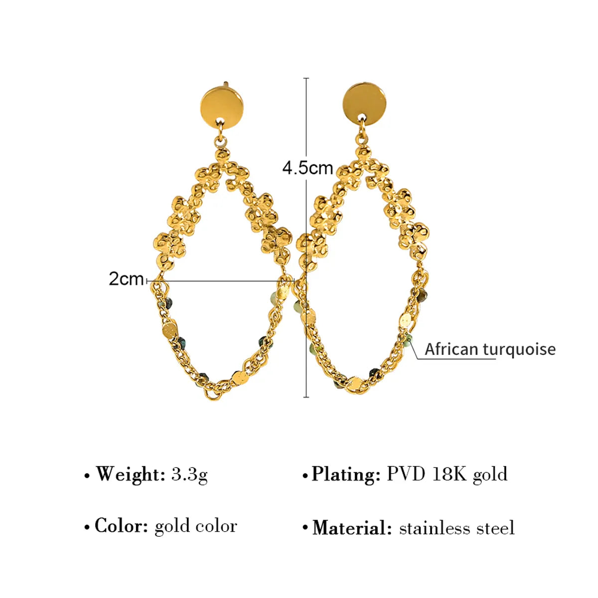 1 Pair Vacation Wreath Twist Plating Stainless Steel Natural Stone 18k Gold Plated Drop Earrings Ear Studs