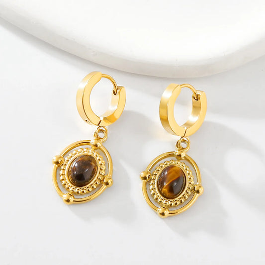 1 Pair Vintage Style Beach Oval Plating Inlay Stainless Steel Tiger Eye 18K Gold Plated Drop Earrings