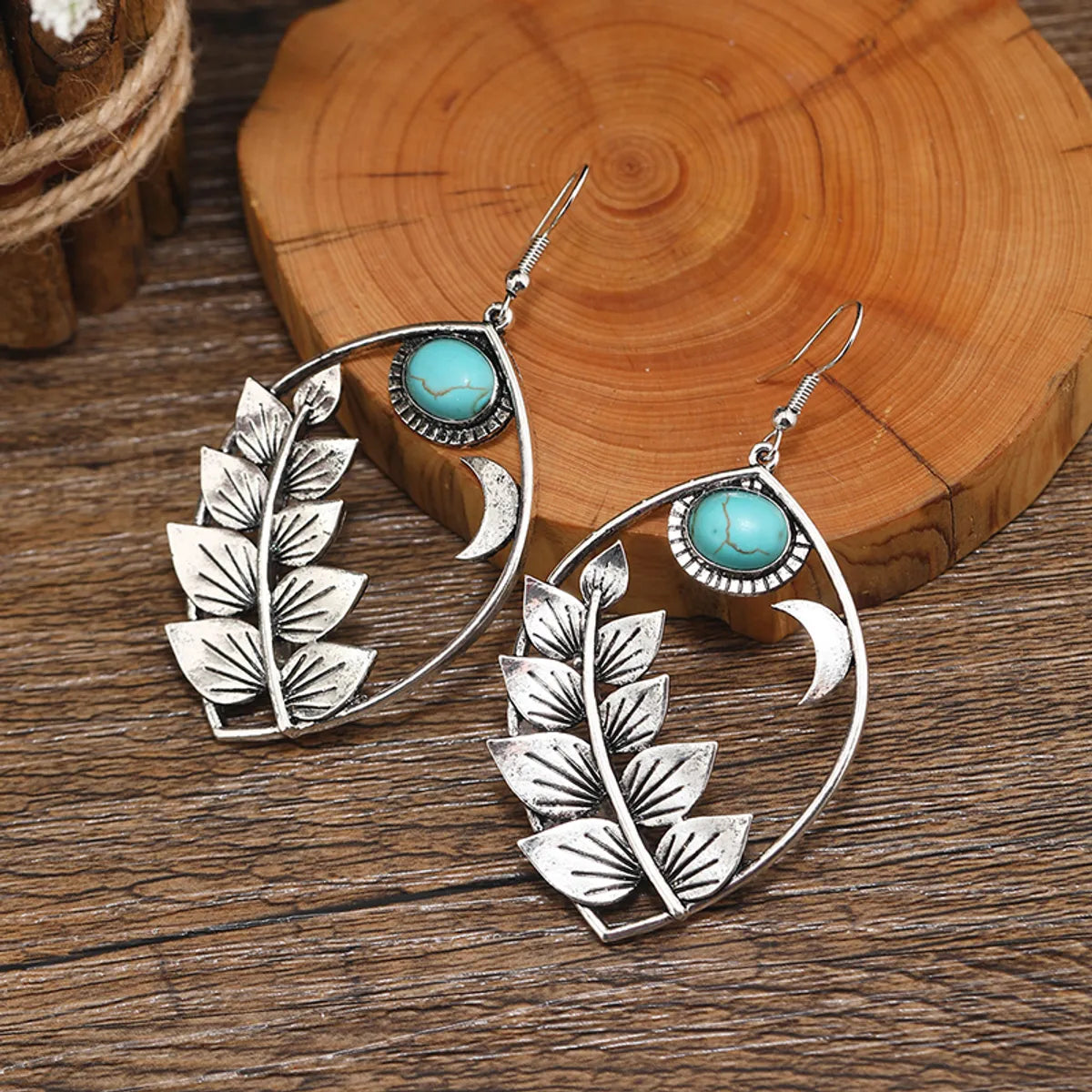 1 Pair Vintage Style Bohemian Leaf Plating Hollow Out Inlay Alloy Turquoise Silver Plated Ear Hook