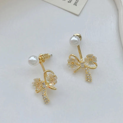 1 Pair Vintage Style Bow Knot Plating Inlay Copper Pearl Zircon 18K Gold Plated Drop Earrings