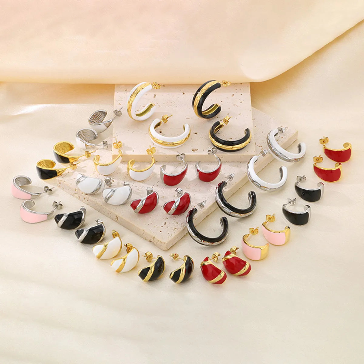 1 Pair Vintage Style C Shape Enamel 304 Stainless Steel 18K Gold Plated Ear Studs