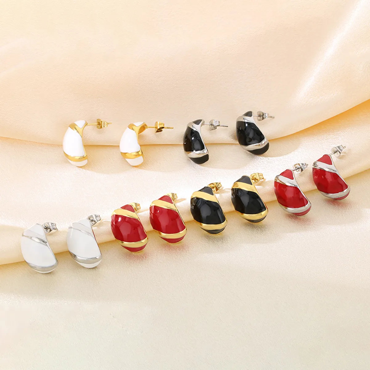 1 Pair Vintage Style C Shape Enamel 304 Stainless Steel 18K Gold Plated Ear Studs